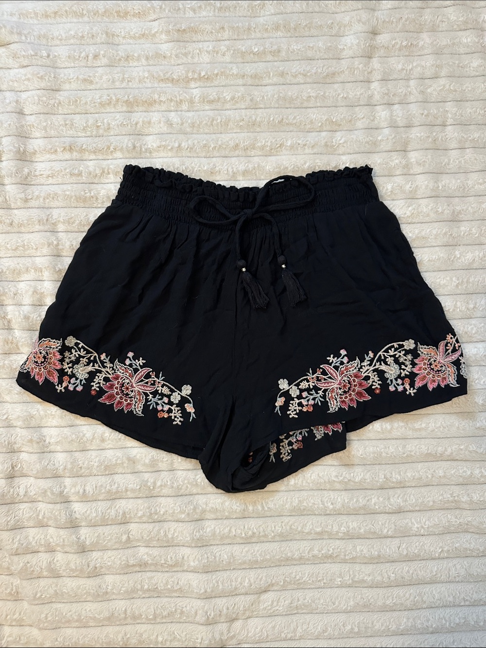 American Eagle Outfitters Black High-Waist Shorts with Pink Floral Embroidery